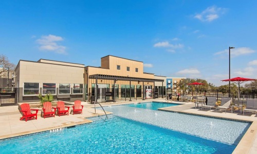 outward view of pool and siting area