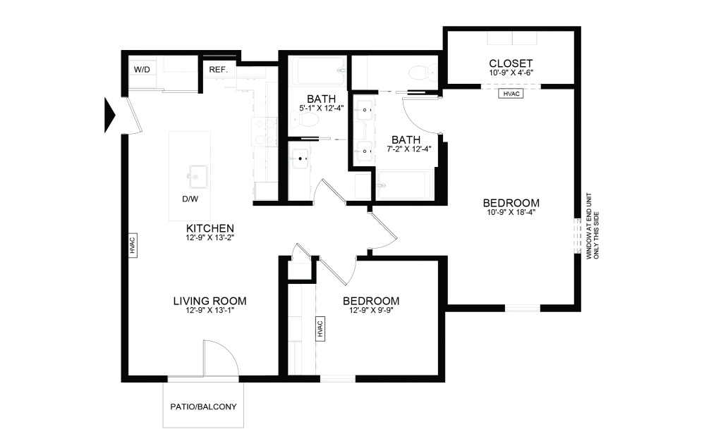 B1 - 2 bedroom floorplan layout with 2 bathrooms and 973 - 979 square feet (2D)
