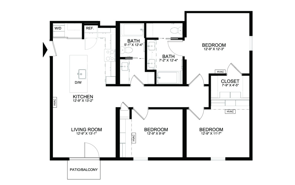 C1 - 3 bedroom floorplan layout with 2 bathrooms and 1105 - 1109 square feet (2D)