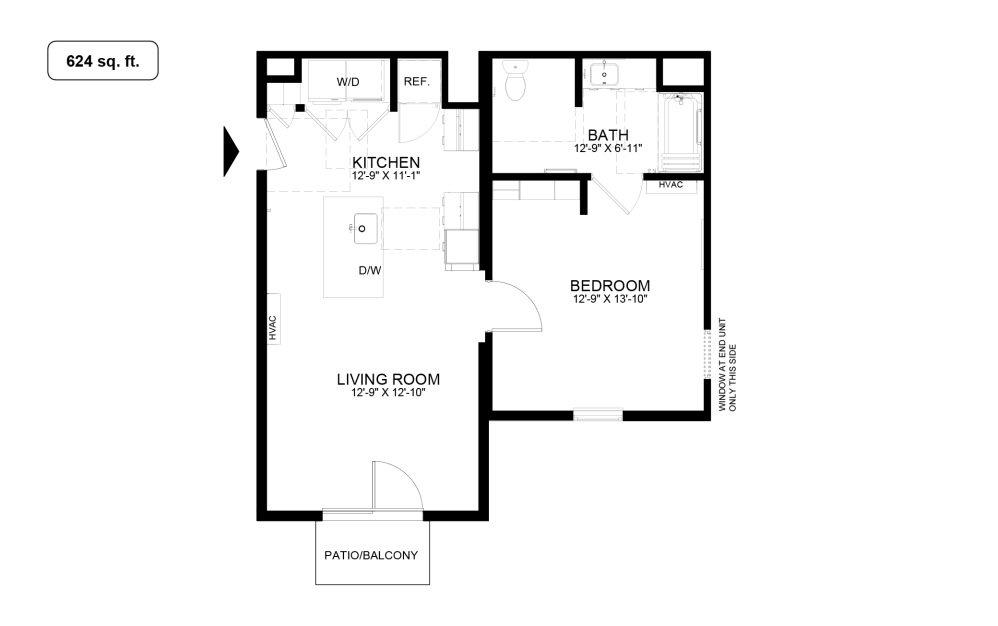 A1 - 1 bedroom floorplan layout with 1 bathroom and 624 - 626 square feet (624 sq. ft.
)