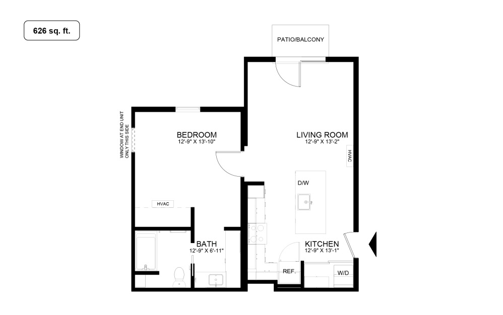 A1 - 1 bedroom floorplan layout with 1 bathroom and 624 - 626 square feet (626 sq. ft.)