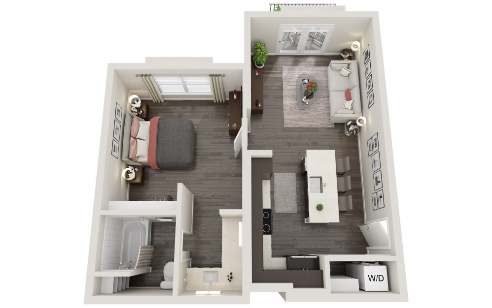 A1 - 1 bedroom floorplan layout with 1 bathroom and 624 - 626 square feet (3D) A1 - 1 bedroom floorplan layout with 1 bathroom and 624 - 626 square feet (3D)