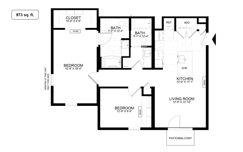 B1 - 2 bedroom floorplan layout with 2 bathrooms and 973 - 979 square feet (973 sq. ft.
)