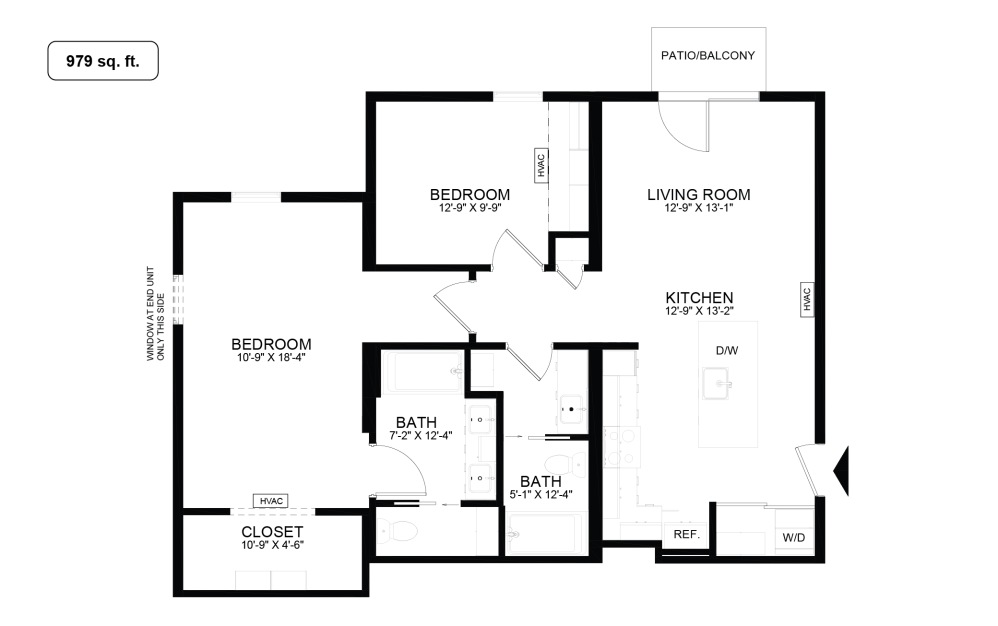 B1 - 2 bedroom floorplan layout with 2 bathrooms and 973 - 979 square feet (979 sq. ft.)