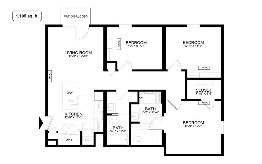 C1 - 3 bedroom floorplan layout with 2 bathrooms and 1105 - 1109 square feet (1105 sq. ft.
)