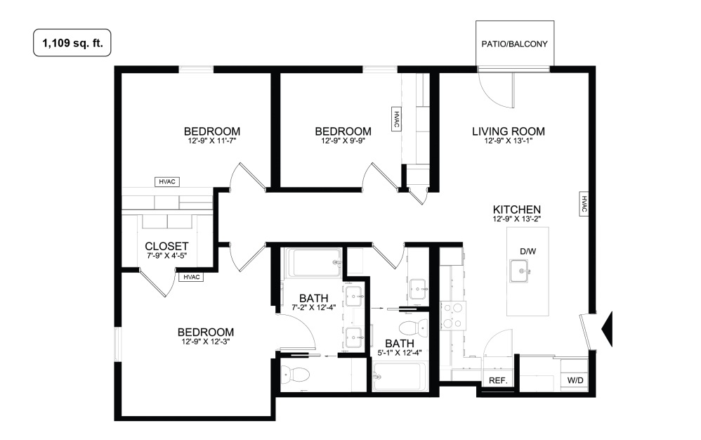 C1 - 3 bedroom floorplan layout with 2 bathrooms and 1105 - 1109 square feet (1109 sq. ft.)