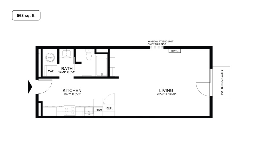 S1 - Studio floorplan layout with 1 bathroom and 568 square feet S1 - Studio floorplan layout with 1 bathroom and 568 square feet